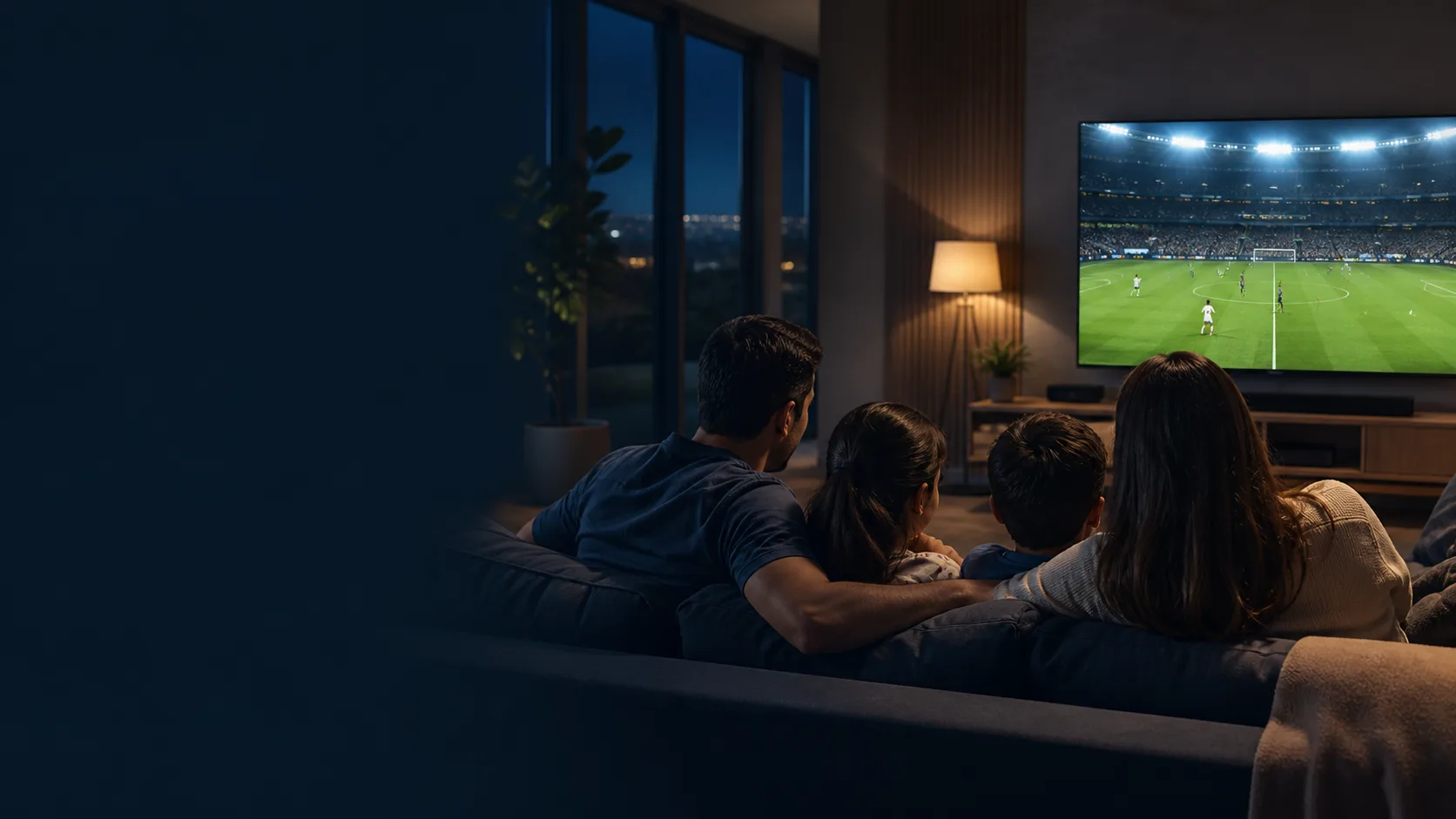 Familia disfrutando televisión en vivo en casa